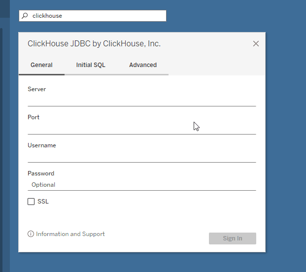 server、port、database、username、password の各フィールドを示す Tableau の ClickHouse 接続ダイアログ
