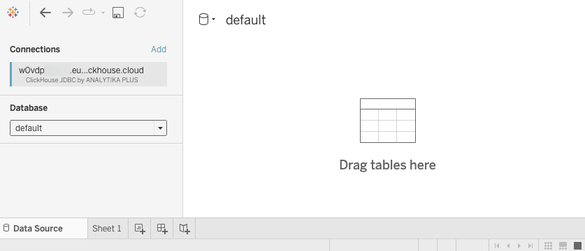 データベース選択オプションを含む初期接続画面を示す新しい Tableau ワークブック