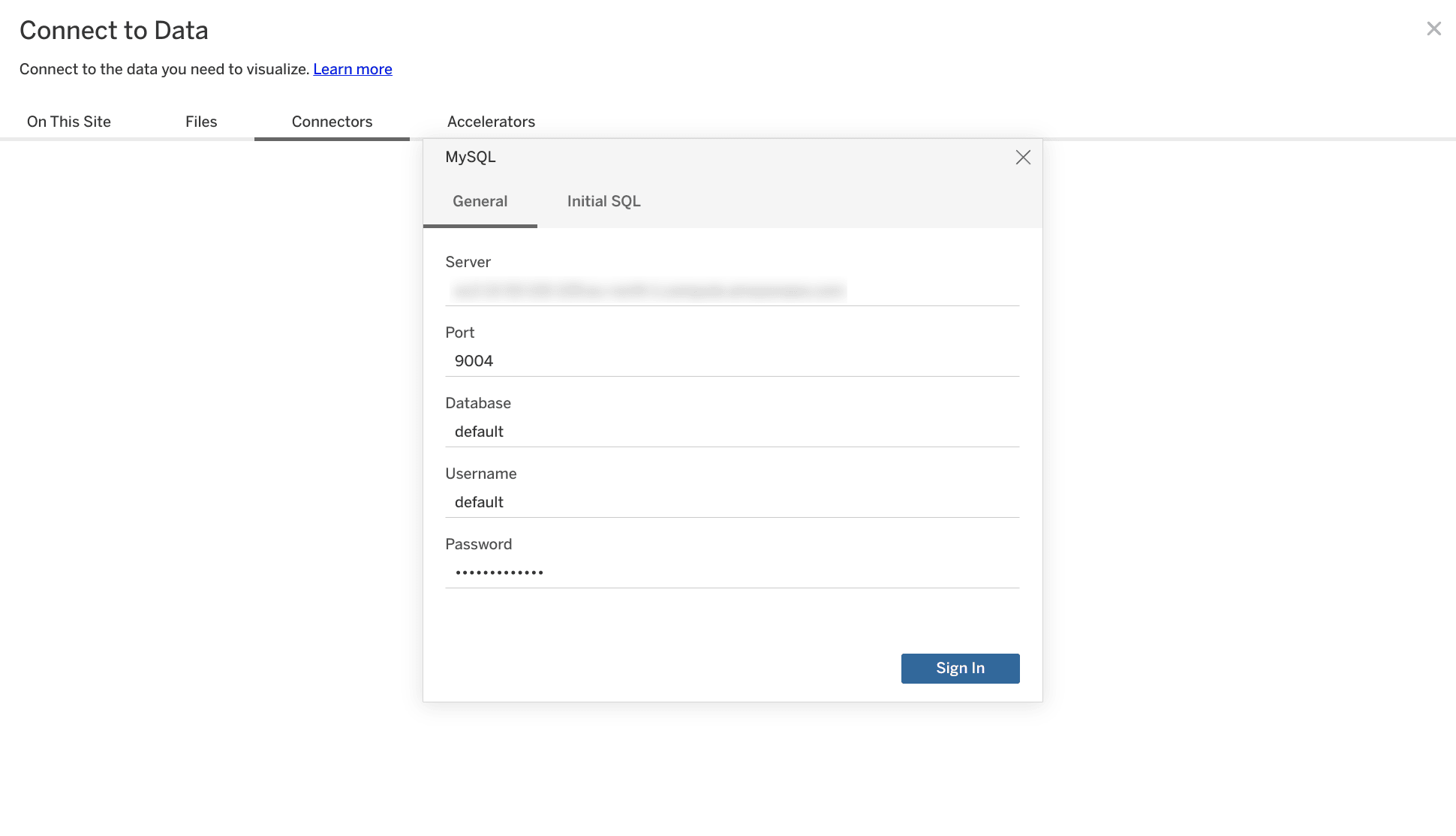 Tableau Online MySQL connection configuration screen with server, port, database and credential fields