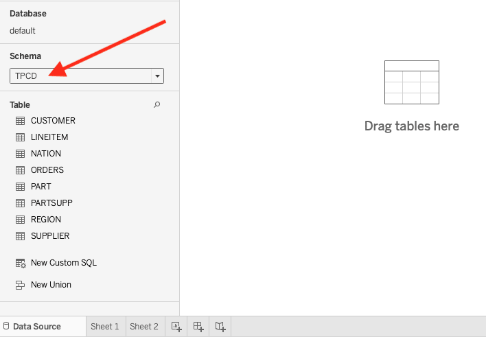 CUSTOMER、LINEITEM、NATION、ORDERS などを含む TPCD データベースのテーブルを示す Tableau のスキーマ選択画面
