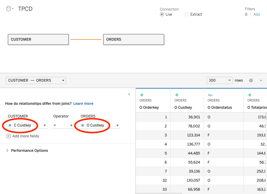 Custkey フィールドを使用して CUSTOMER テーブルと ORDERS テーブルの接続を示す Tableau のリレーションシップエディター