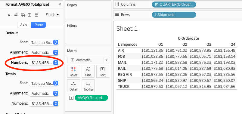 通貨形式で四半期ごとおよび配送方法ごとの平均注文金額を示す Tableau のクロス集計