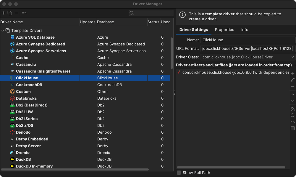 DbVisualizer driver manager interface showing ClickHouse JDBC driver configuration