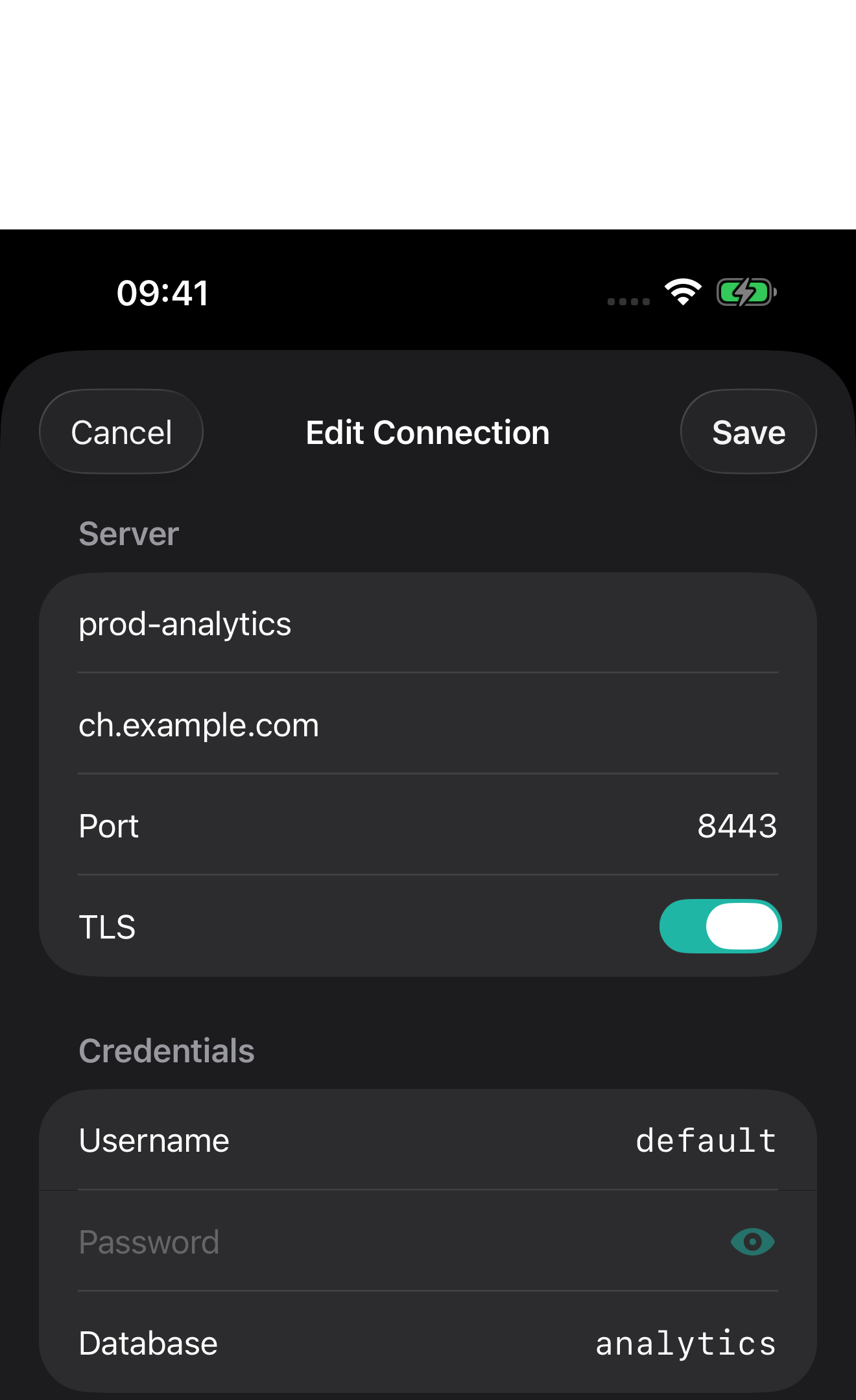 نموذج اتصال ProbeDeck مُهيأ لاستخدام HTTPS على المنفذ 8443 مع اسم مستخدم ClickHouse