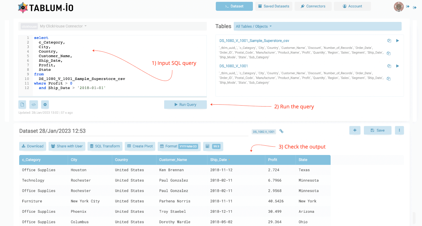 Executando uma consulta SQL no TABLUM.IO