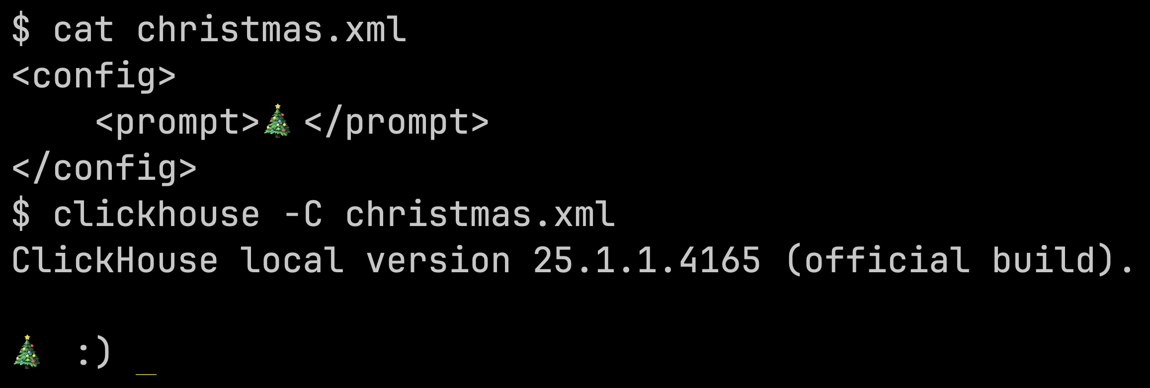 Invite de commande du client ClickHouse avec un emoji sapin de Noël