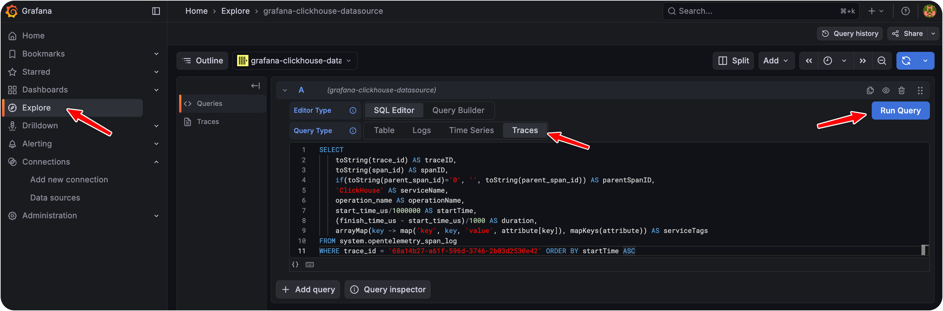 Grafana 中的 ClickHouse trace 可视化