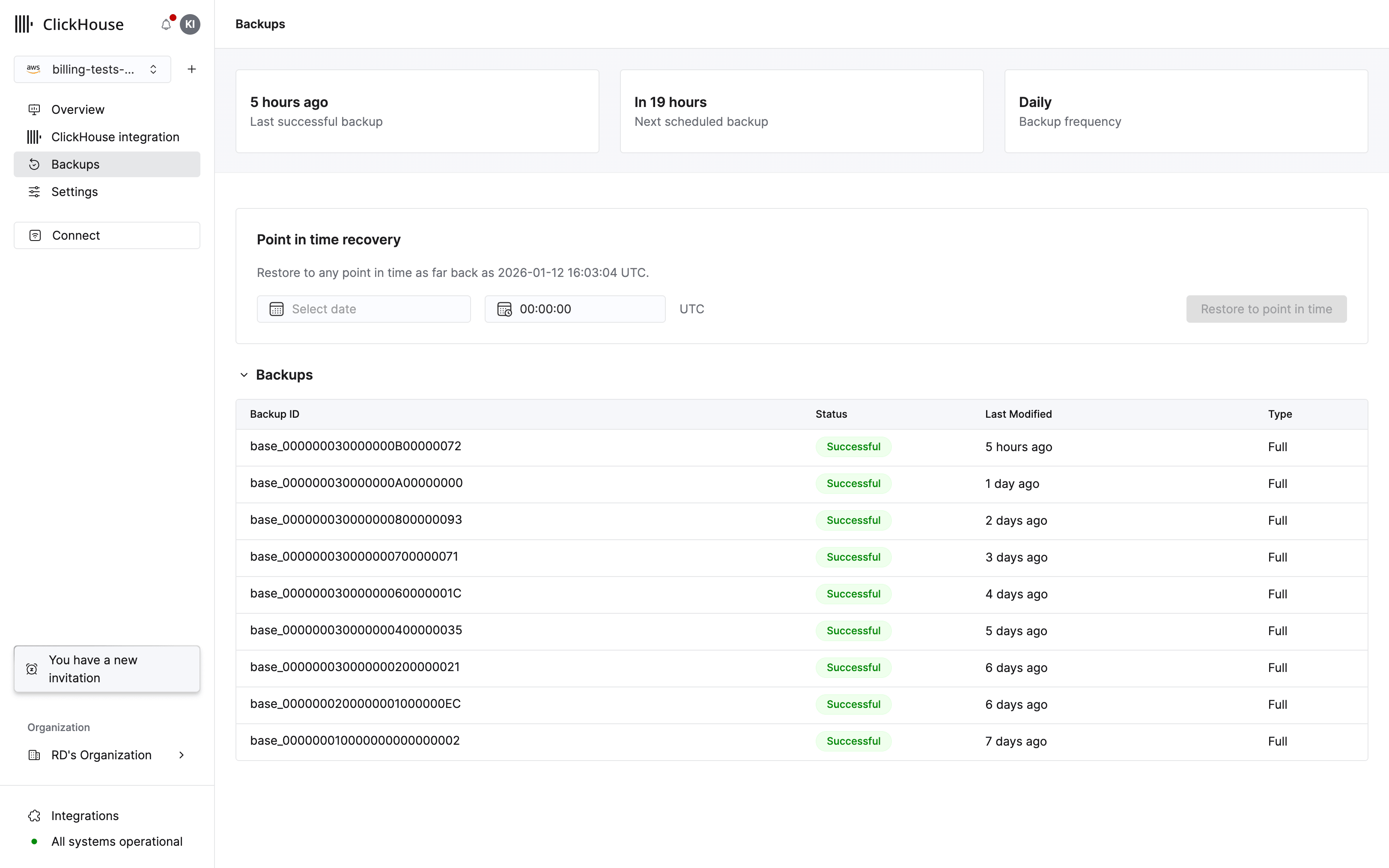 Backups view showing backup history and point-in-time recovery options