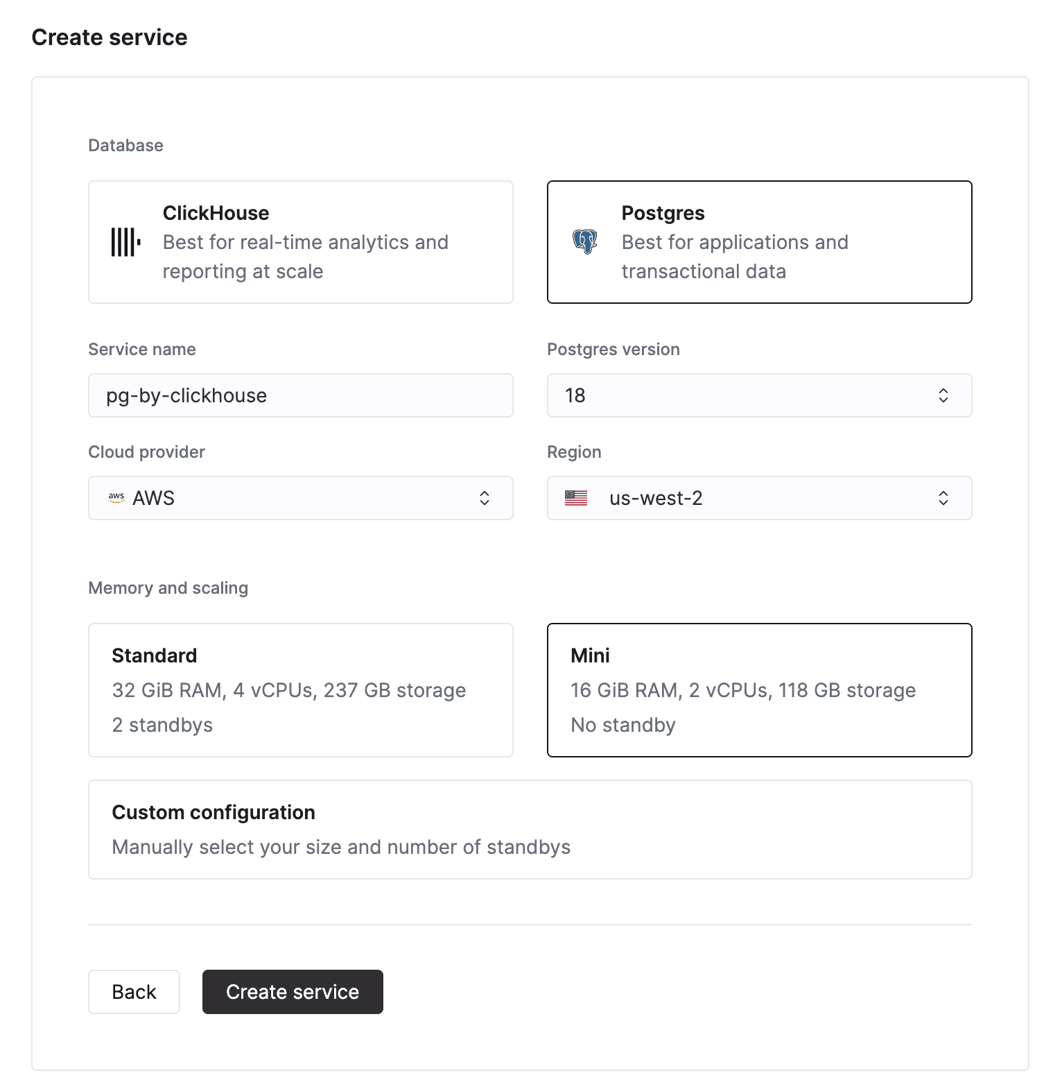 ClickHouse Managed Postgres インスタンスを作成