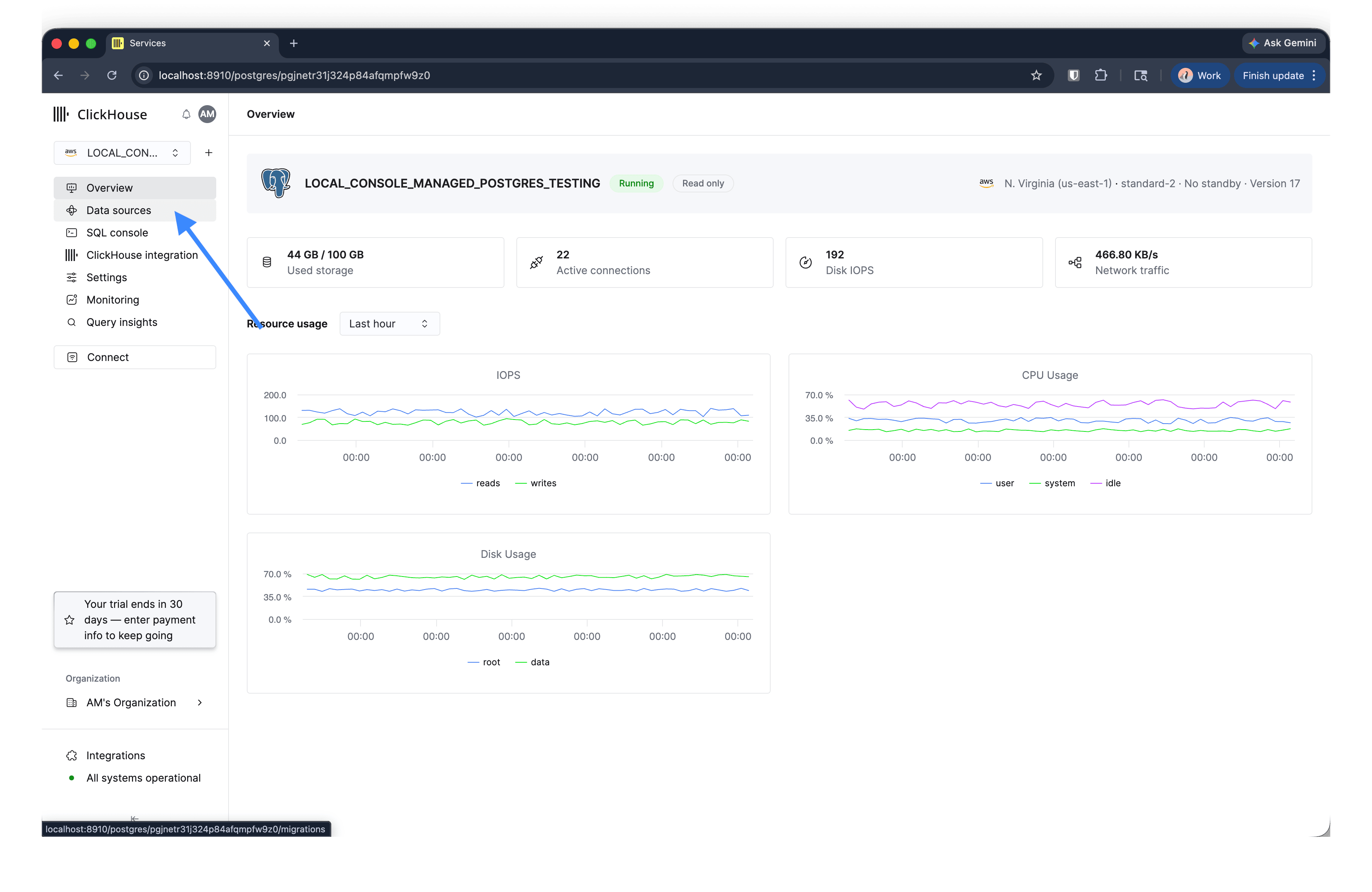 Пункт источник данных на боковой панели сервиса Managed Postgres