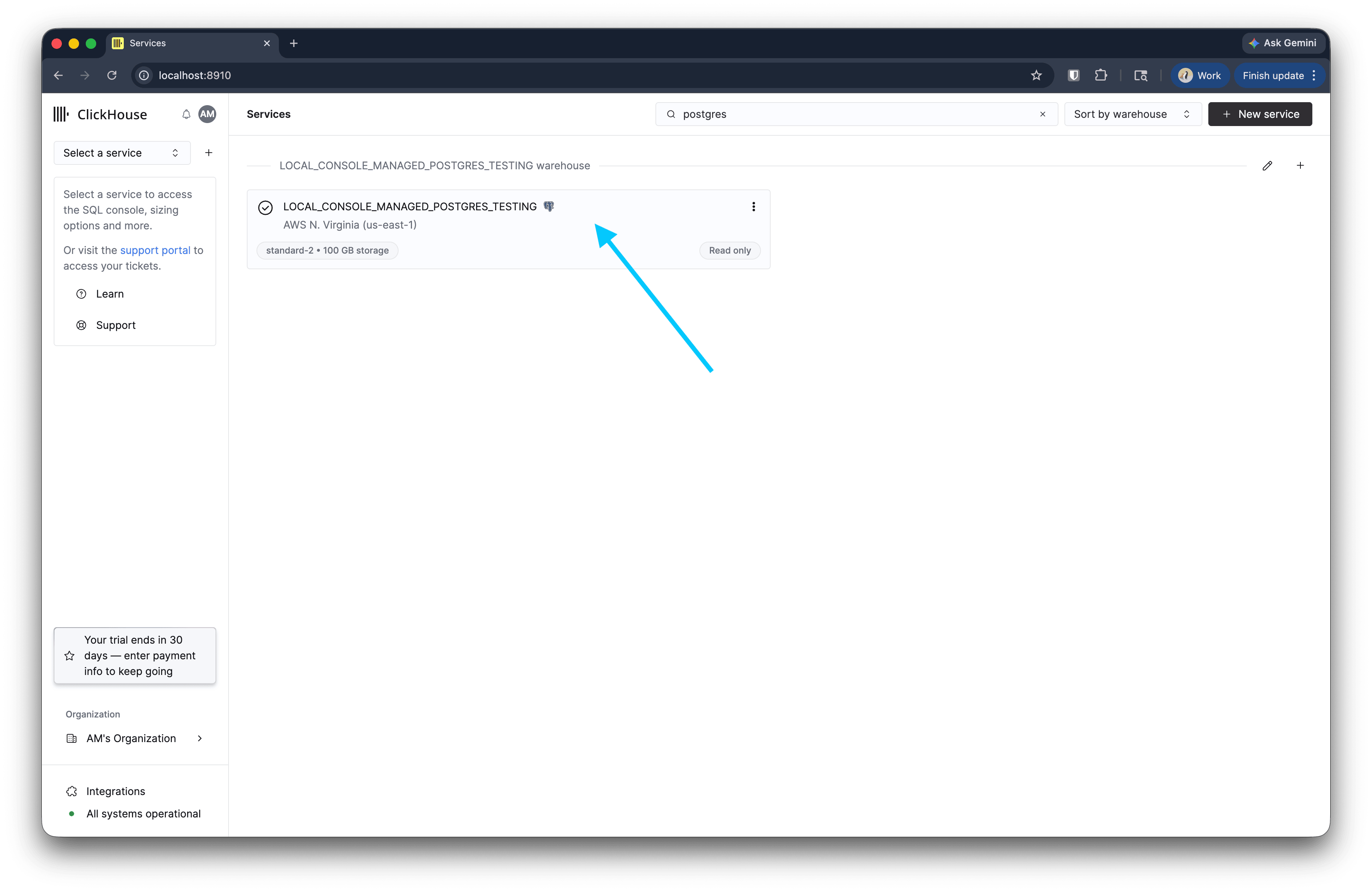 Карточка сервиса Managed Postgres в списке сервисов ClickHouse Cloud