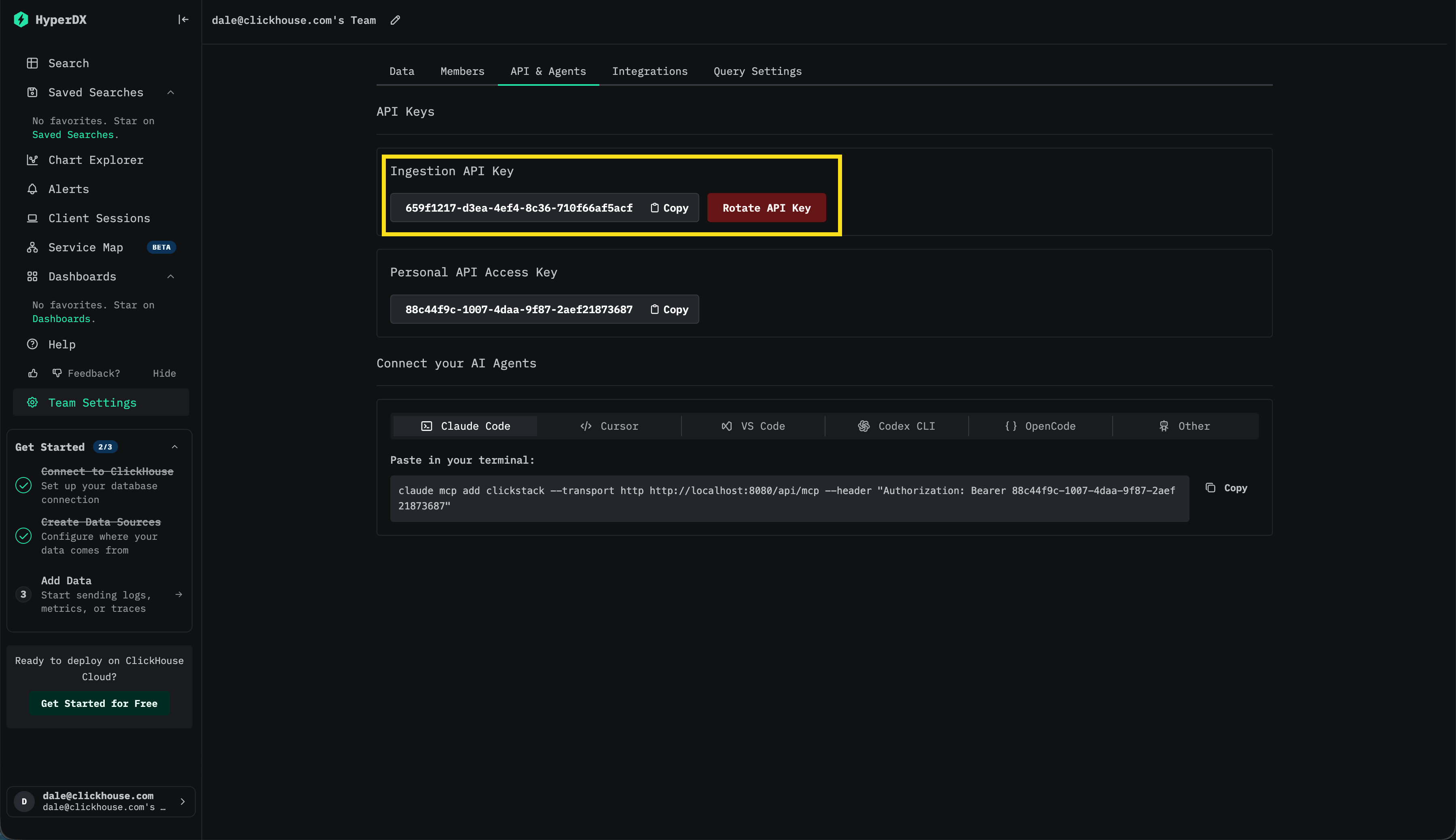 API key de ingesta de ClickStack